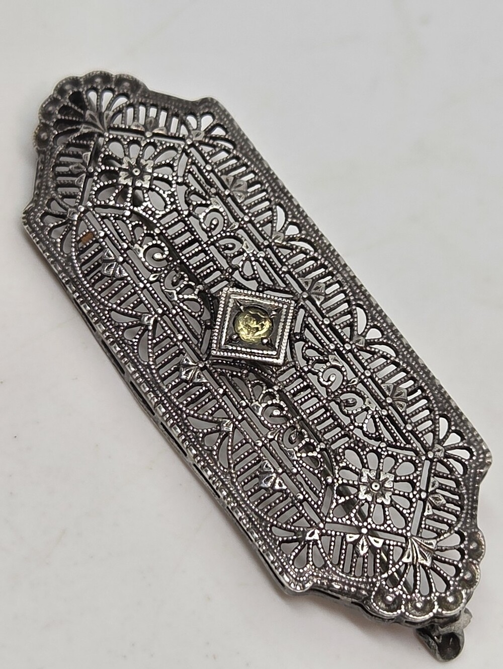 * Antique Art Deco Sterling Silver Filigree Pin Brooch